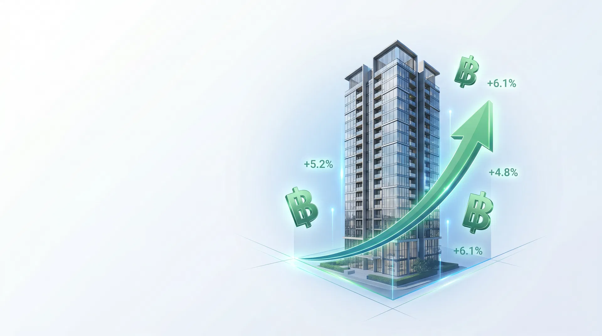 Rental yield concept: Pattaya condo investment with upward growth arrow and Thai Baht returns